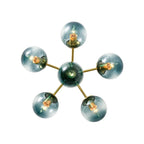 Blue Glass Bubble Semi Flush Chandelier with Gradient Globes and a Curved Brushed Brass Sputnik Frame