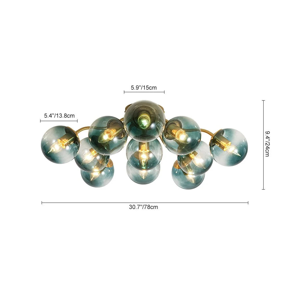 Blue Glass Bubble Semi Flush Chandelier with Gradient Globes and a Curved Brushed Brass Sputnik Frame