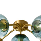Blue Glass Bubble Semi Flush Chandelier with Gradient Globes and a Curved Brushed Brass Sputnik Frame