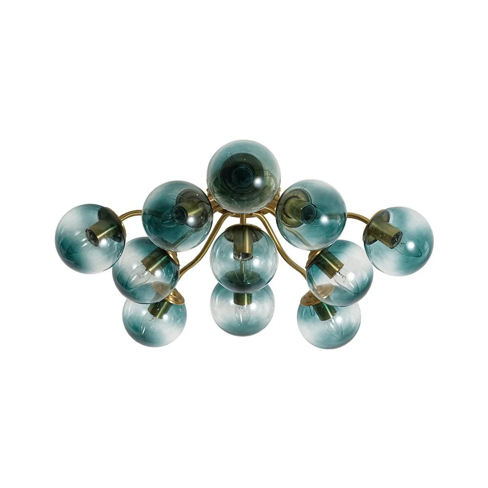 Blue Glass Bubble Semi Flush Chandelier with Gradient Globes and a Curved Brushed Brass Sputnik Frame