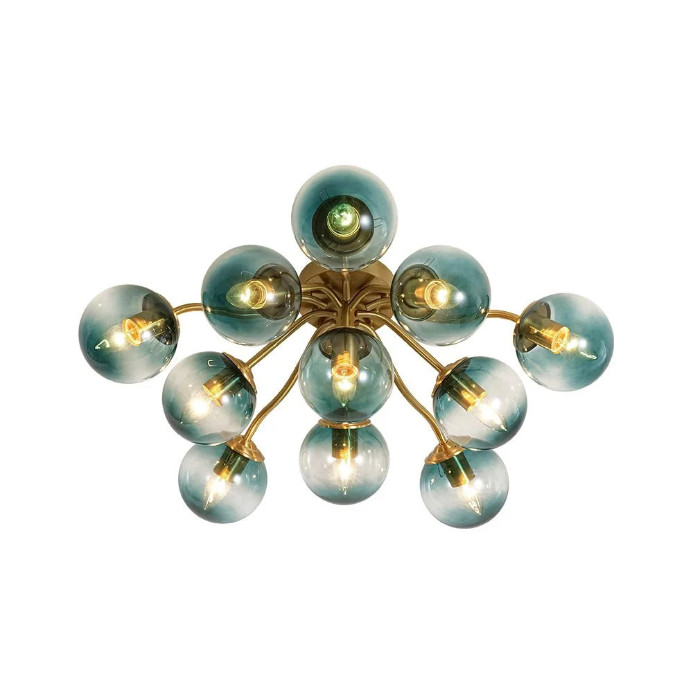 Blue Glass Bubble Semi Flush Chandelier with Gradient Globes and a Curved Brushed Brass Sputnik Frame