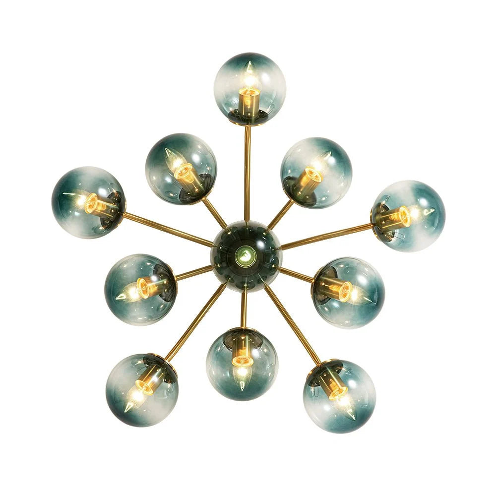 Blue Glass Bubble Semi Flush Chandelier with Gradient Globes and a Curved Brushed Brass Sputnik Frame