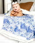 Blue Willow Floral Throw Blanket with Cream Plush Minky Backing and Satin Ruffle in Mini to Monster Sizes