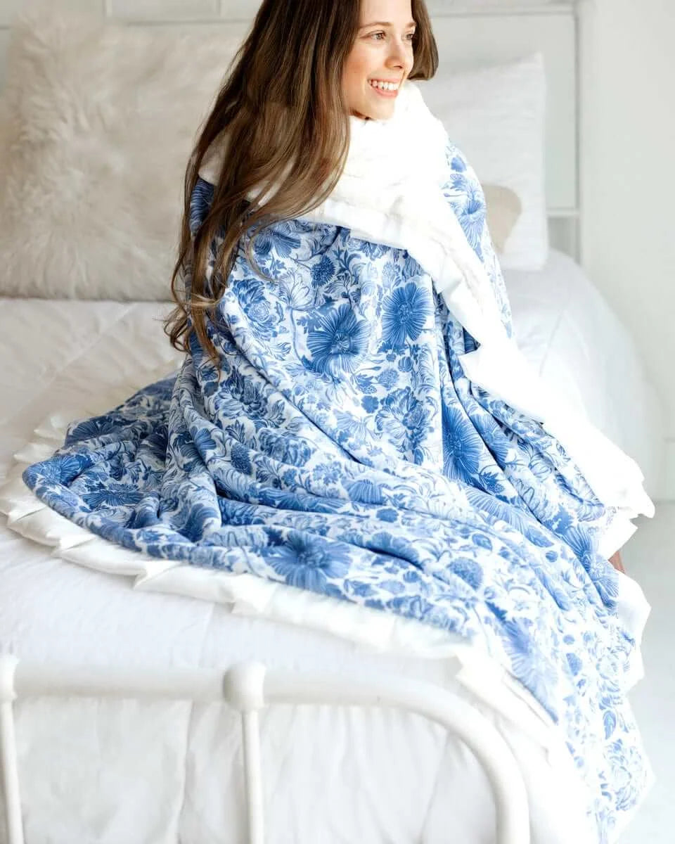 Blue Willow Floral Throw Blanket with Cream Plush Minky Backing and Satin Ruffle in Mini to Monster Sizes