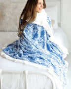 Blue Willow Floral Throw Blanket with Cream Plush Minky Backing and Satin Ruffle in Mini to Monster Sizes