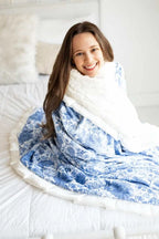 Blue Willow Floral Throw Blanket with Cream Plush Minky Backing and Satin Ruffle in Mini to Monster Sizes