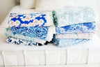 Blue Willow Floral Throw Blanket with Cream Plush Minky Backing and Satin Ruffle in Mini to Monster Sizes