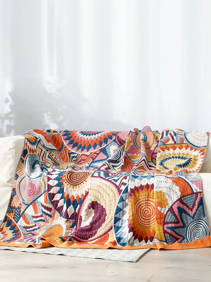 Boho Throw Blanket in 100% Cotton Muslin, Double-Sided Queen Bed Cover for Sofa and Bedroom Decor — 150x200 cm / 200x230 cm