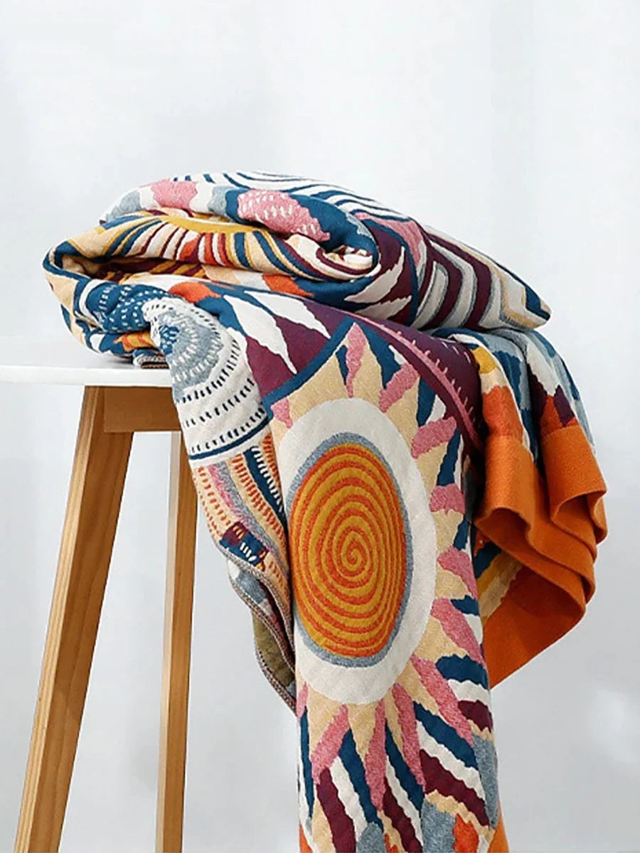 Boho Throw Blanket in 100% Cotton Muslin, Double-Sided Queen Bed Cover for Sofa and Bedroom Decor