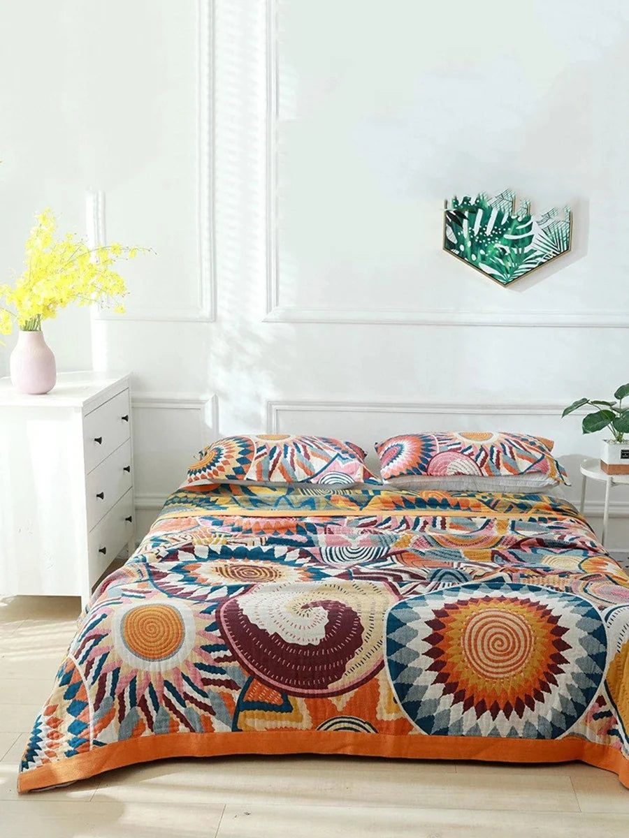 Boho Throw Blanket in 100% Cotton Muslin, Double-Sided Queen Bed Cover for Sofa and Bedroom Decor