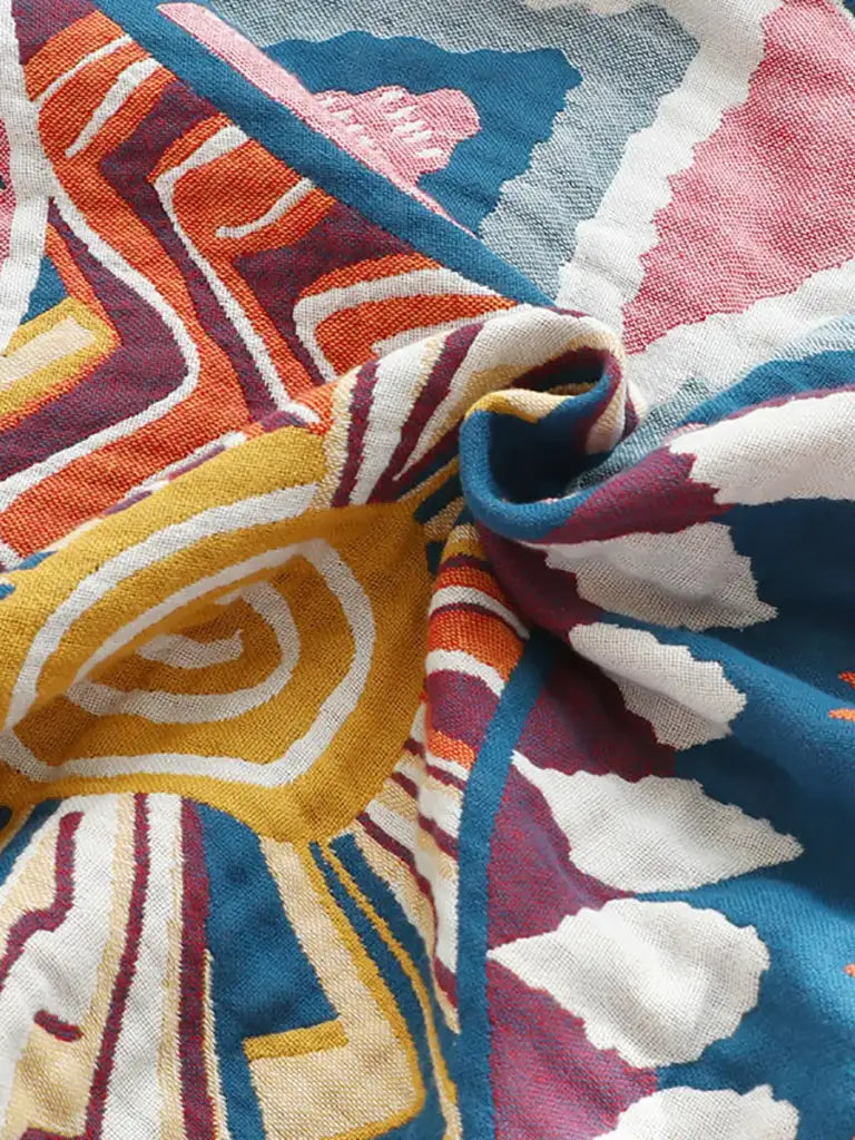 Boho Throw Blanket in 100% Cotton Muslin, Double-Sided Queen Bed Cover for Sofa and Bedroom Decor