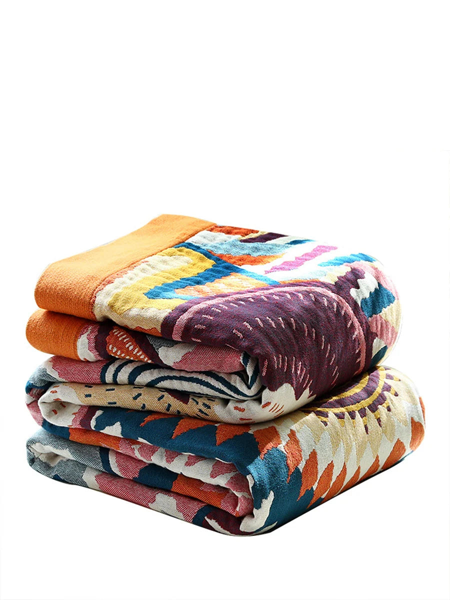 Boho Throw Blanket in 100% Cotton Muslin, Double-Sided Queen Bed Cover for Sofa and Bedroom Decor