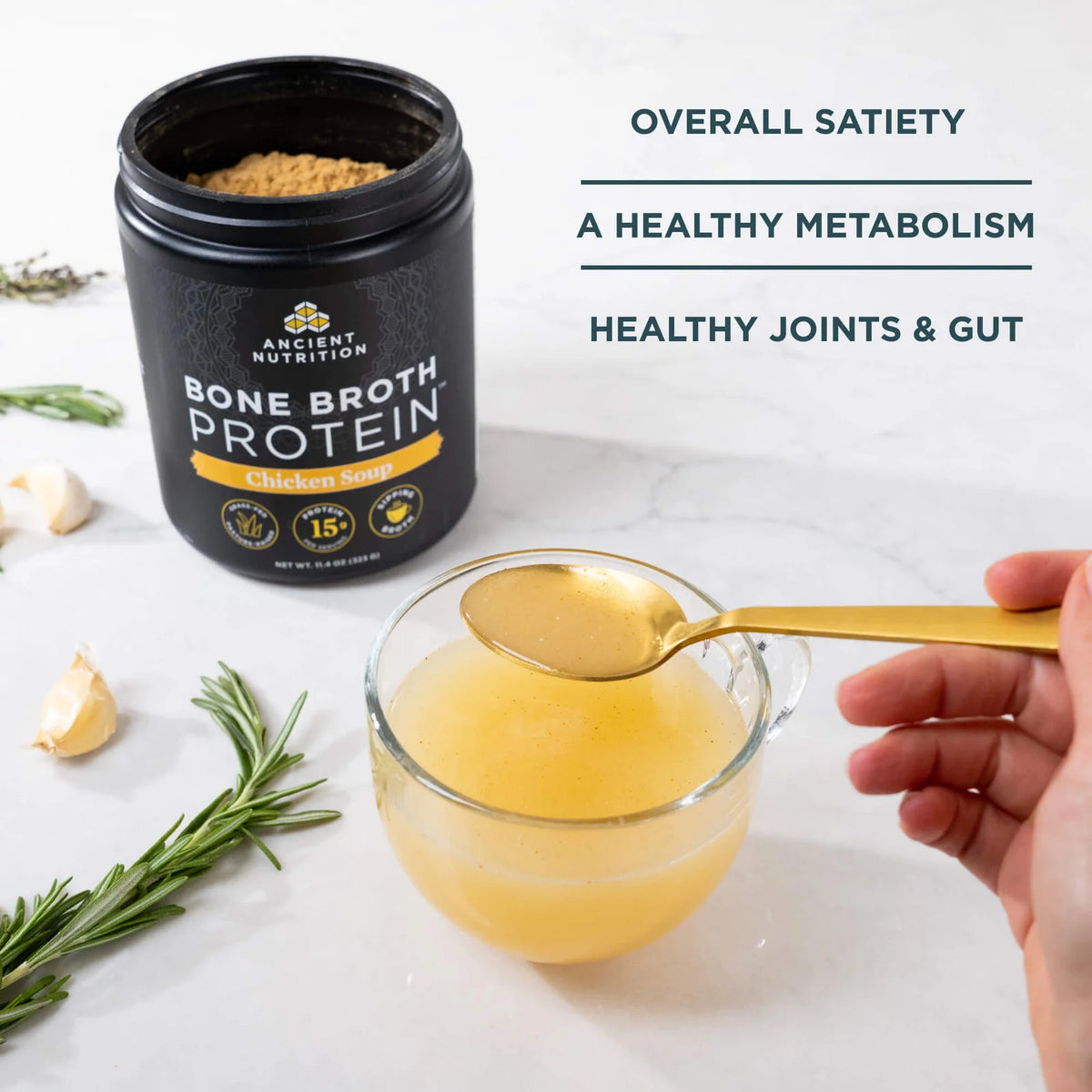 Bone Broth Protein Powder Chicken Soup, Sippable Nutrition for Everyday Wellness, 15 Servings per Pack