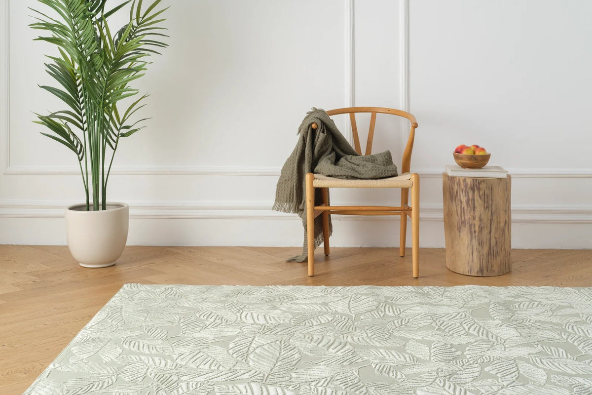 Botanical Washable Area Rug in Sage or Bone Beige, Recycled Polyester Medium-Pile Floral Design