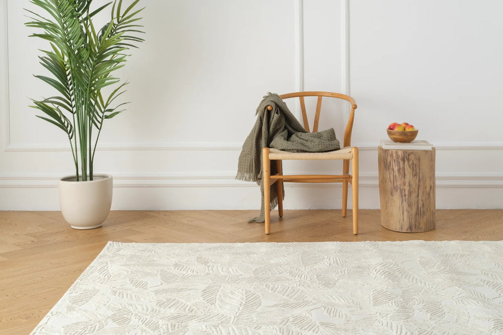 Botanical Washable Area Rug in Sage or Bone Beige, Recycled Polyester Medium-Pile Floral Design
