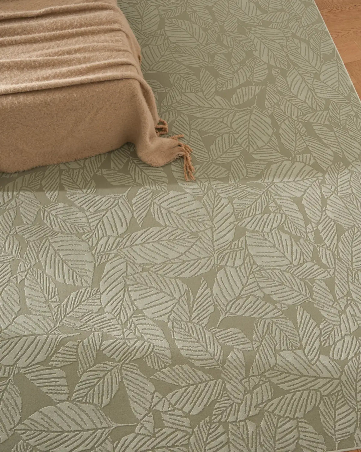 Botanical Washable Area Rug in Sage or Bone Beige, Recycled Polyester Medium-Pile Floral Design