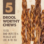 Braided Bully Sticks for Medium and Large Dogs, Single-Ingredient Grass-Fed Beef Chews in a 5 Pack Variety