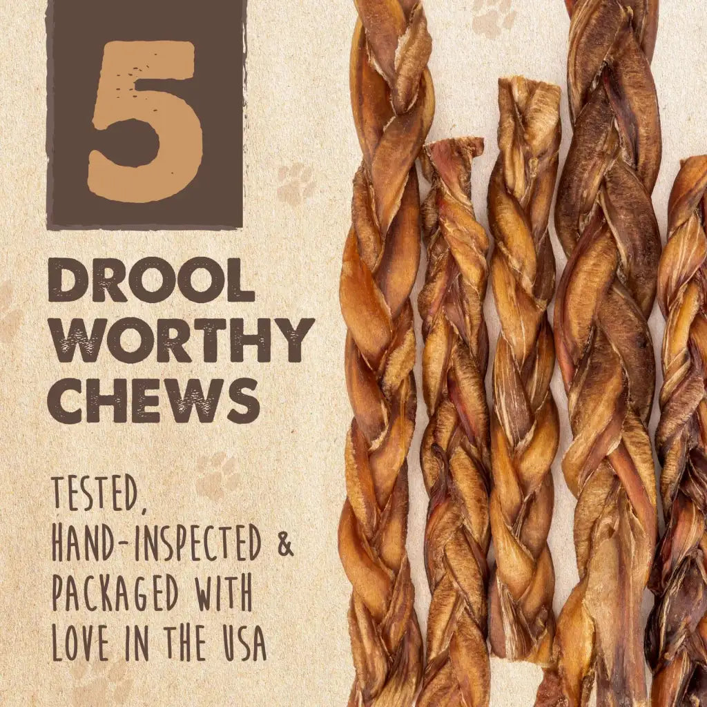 Braided Bully Sticks for Medium and Large Dogs, Single-Ingredient Grass-Fed Beef Chews in a 5 Pack Variety
