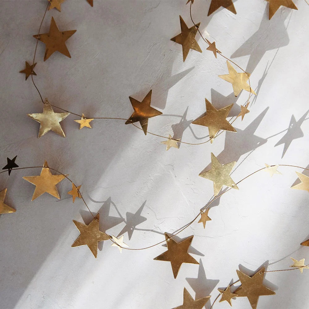 Brass Star Garland in Mixed Star Sizes, Handcrafted in India for Tabletop and Windowsill Displays