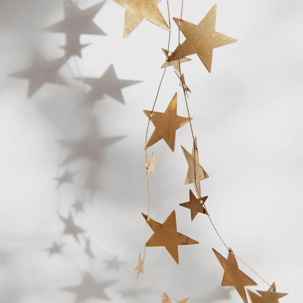 Brass Star Garland in Mixed Star Sizes, Handcrafted in India for Tabletop and Windowsill Displays