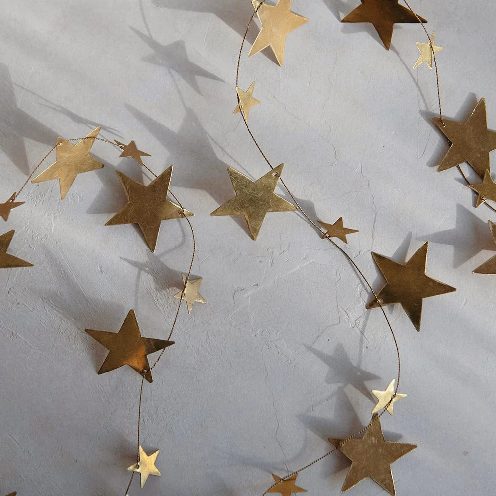 Brass Star Garland in Mixed Star Sizes, Handcrafted in India for Tabletop and Windowsill Displays