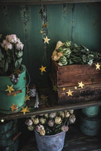 Brass Star Garland in Mixed Star Sizes, Handcrafted in India for Tabletop and Windowsill Displays