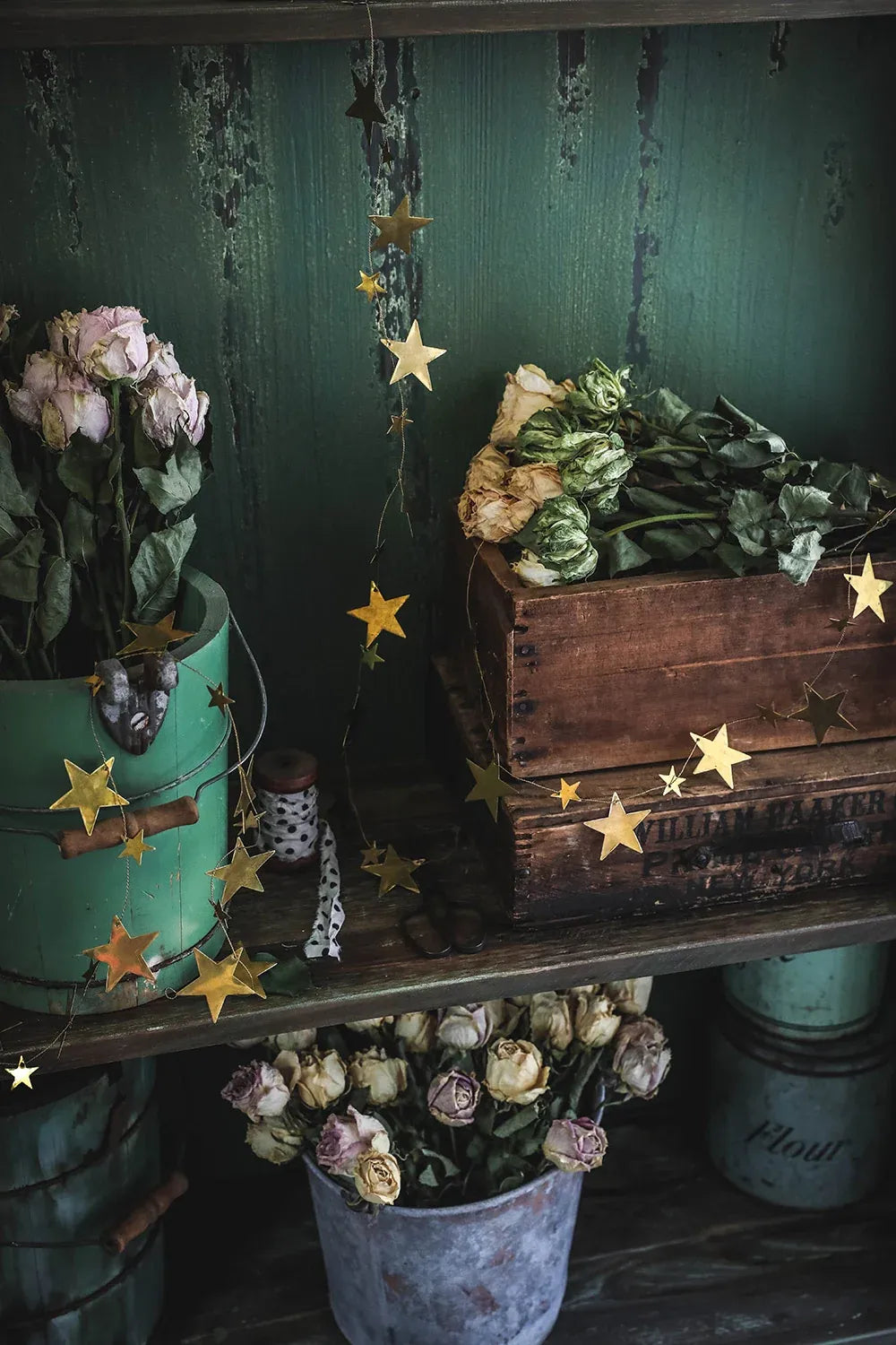 Brass Star Garland in Mixed Star Sizes, Handcrafted in India for Tabletop and Windowsill Displays