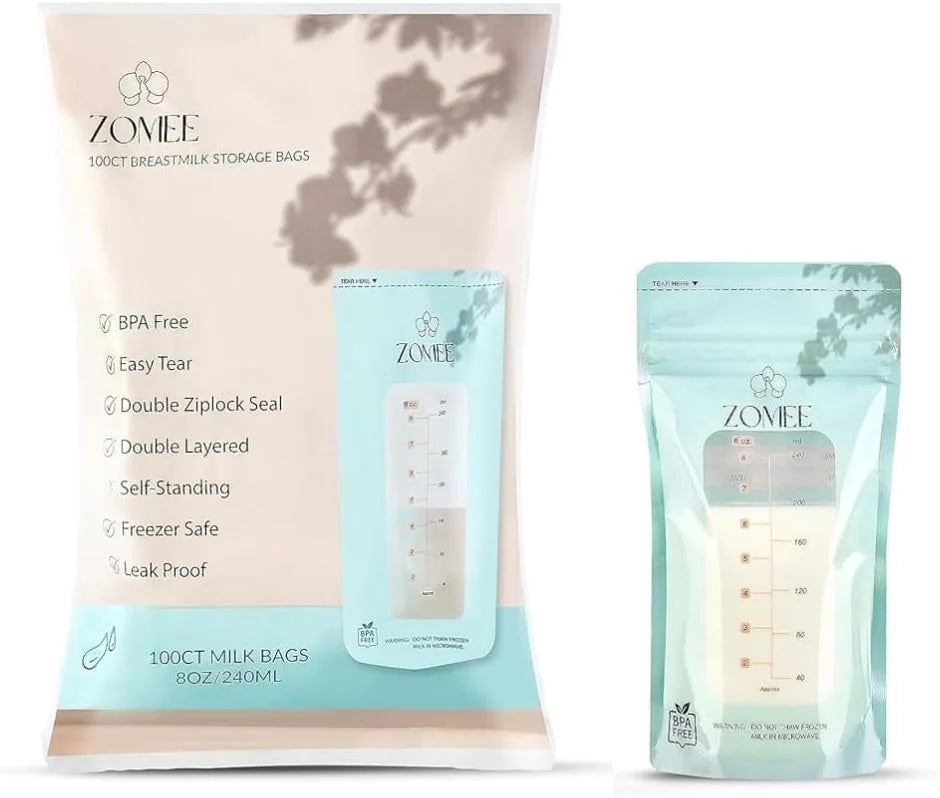 Breast Milk Storage Bags, 8 oz Pre-Sterilized Freezer-Safe Bags with Double-Zip Seal and Stand-Up Base — 100 Count