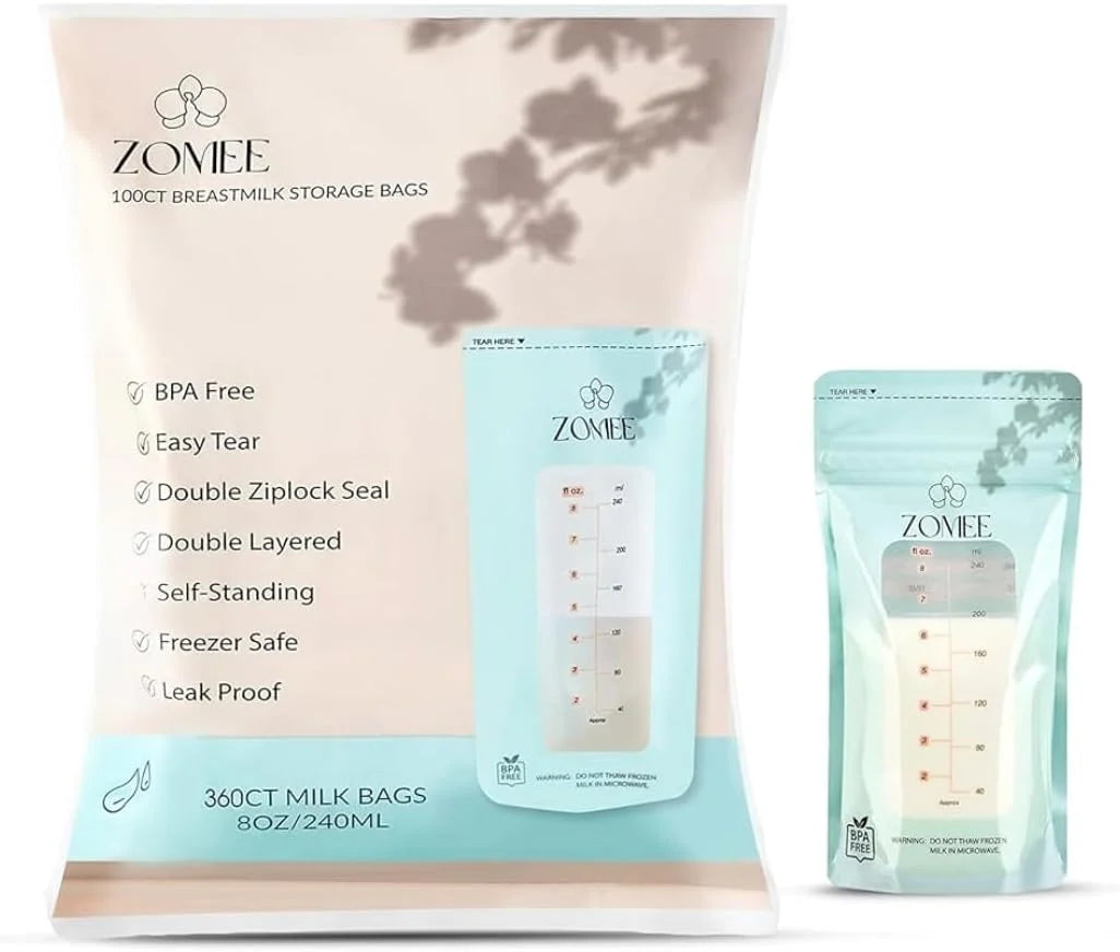 Breast Milk Storage Bags, 8 oz Pre-Sterilized Freezer-Safe Bags with Double-Zip Seal and Stand-Up Base — 360 Count