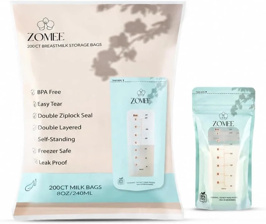 Breast Milk Storage Bags, 8 oz Pre-Sterilized Freezer-Safe Bags with Double-Zip Seal and Stand-Up Base — 200 count