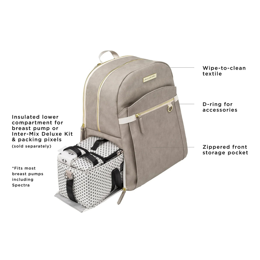 Breast Pump Bag and Diaper Backpack in Grey Matte, Featuring a Separate Lower Compartment and Changing Pad