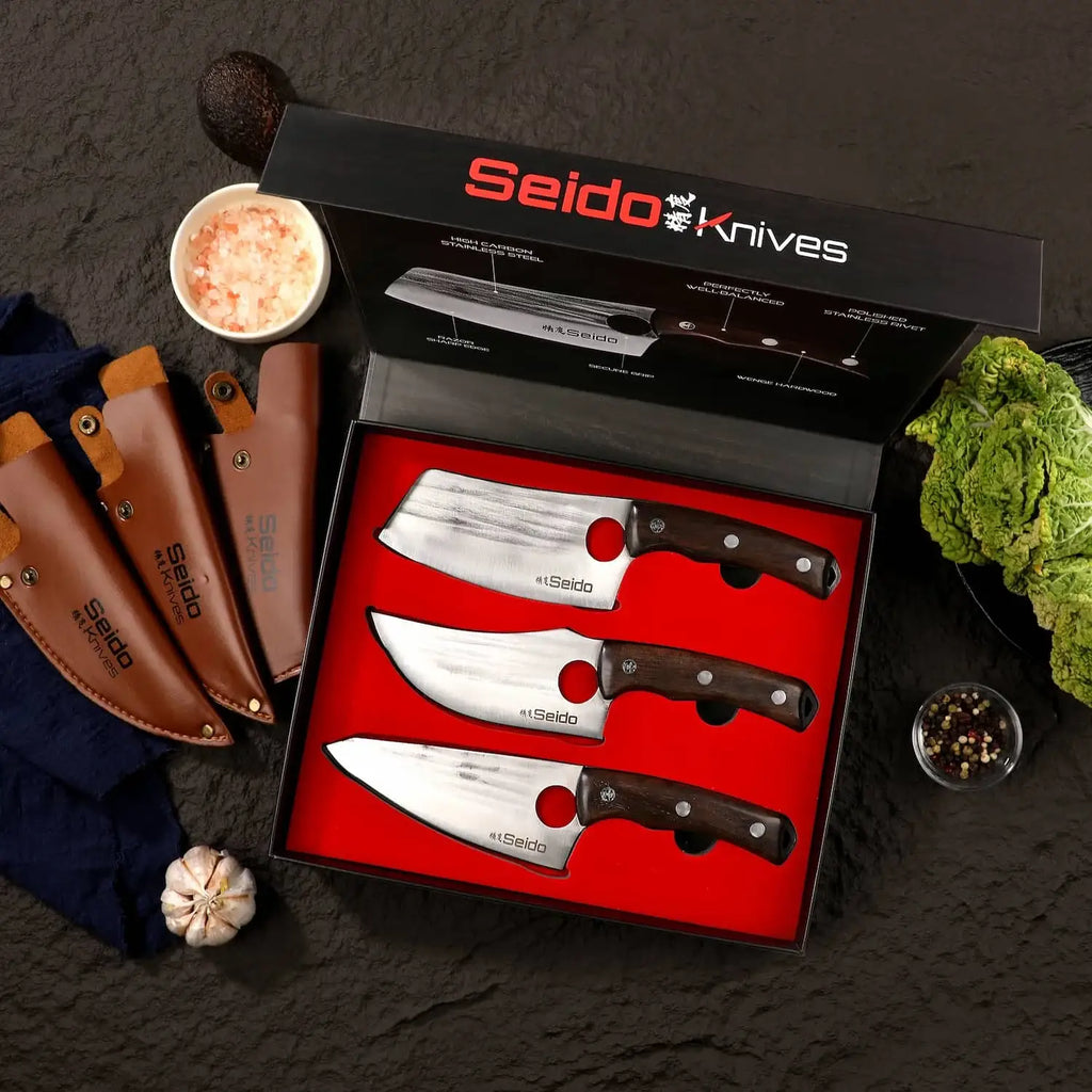 Butcher Knife Set for Kitchen Meat and BBQ Prep with Cleaver, Boning and Slicing Knives, Leather Sheaths
