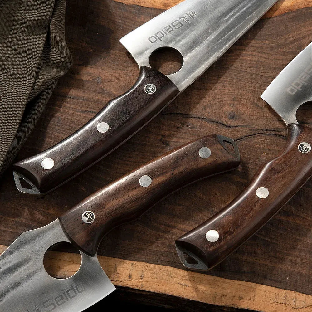 Butcher Knife Set for Kitchen Meat and BBQ Prep with Cleaver, Boning and Slicing Knives, Leather Sheaths
