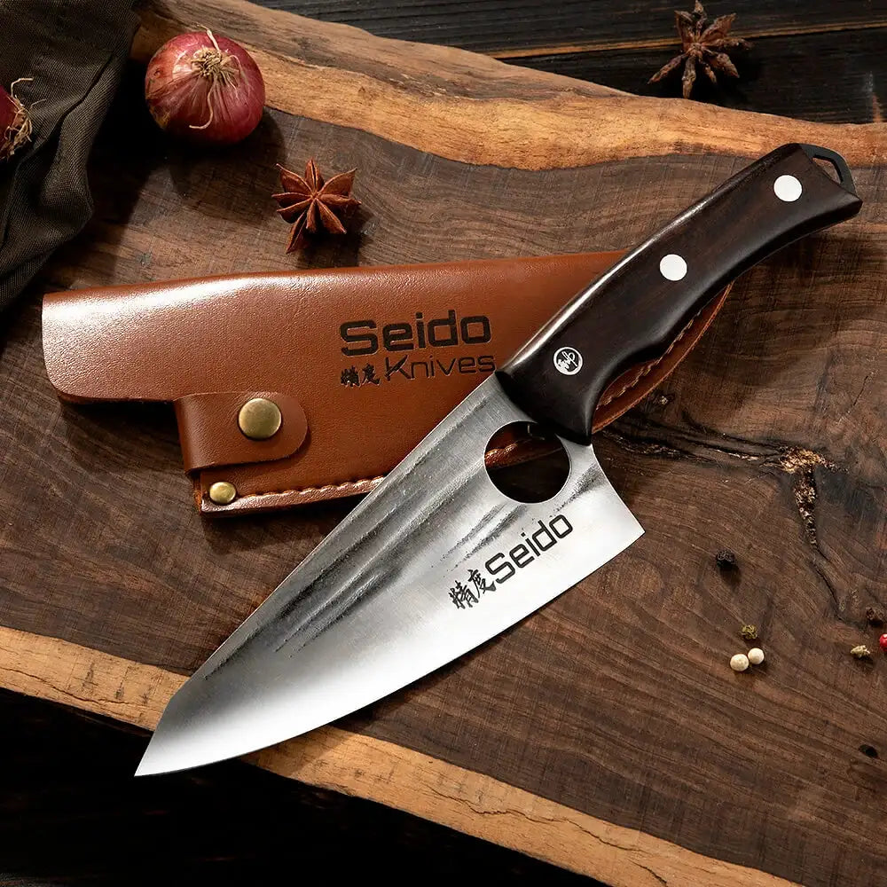 Butcher Knife Set for Kitchen Meat and BBQ Prep with Cleaver, Boning and Slicing Knives, Leather Sheaths