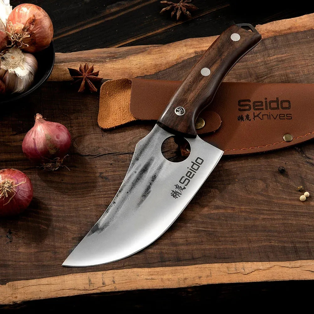 Butcher Knife Set for Kitchen Meat and BBQ Prep with Cleaver, Boning and Slicing Knives, Leather Sheaths