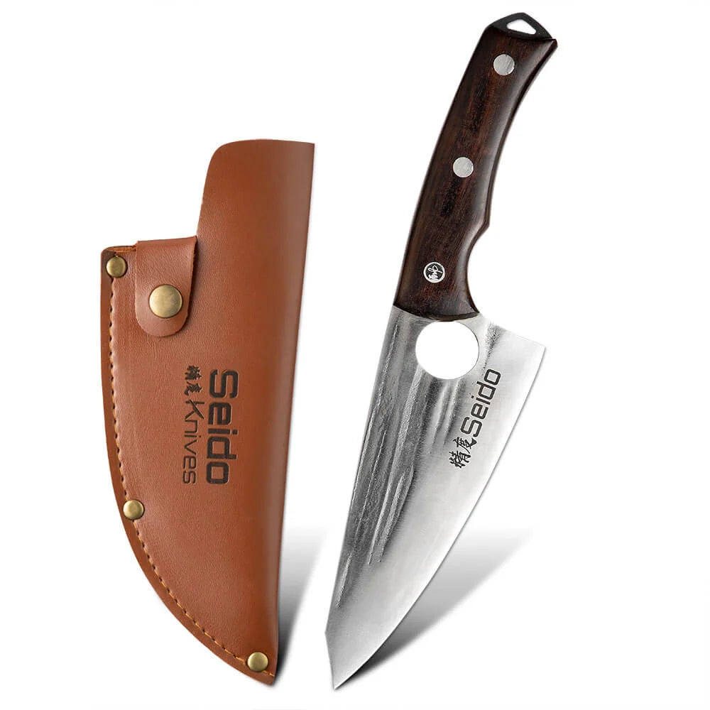 Butcher Knife Set for Kitchen Meat and BBQ Prep with Cleaver, Boning and Slicing Knives, Leather Sheaths