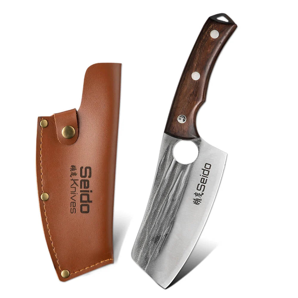 Butcher Knife Set for Kitchen Meat and BBQ Prep with Cleaver, Boning and Slicing Knives, Leather Sheaths