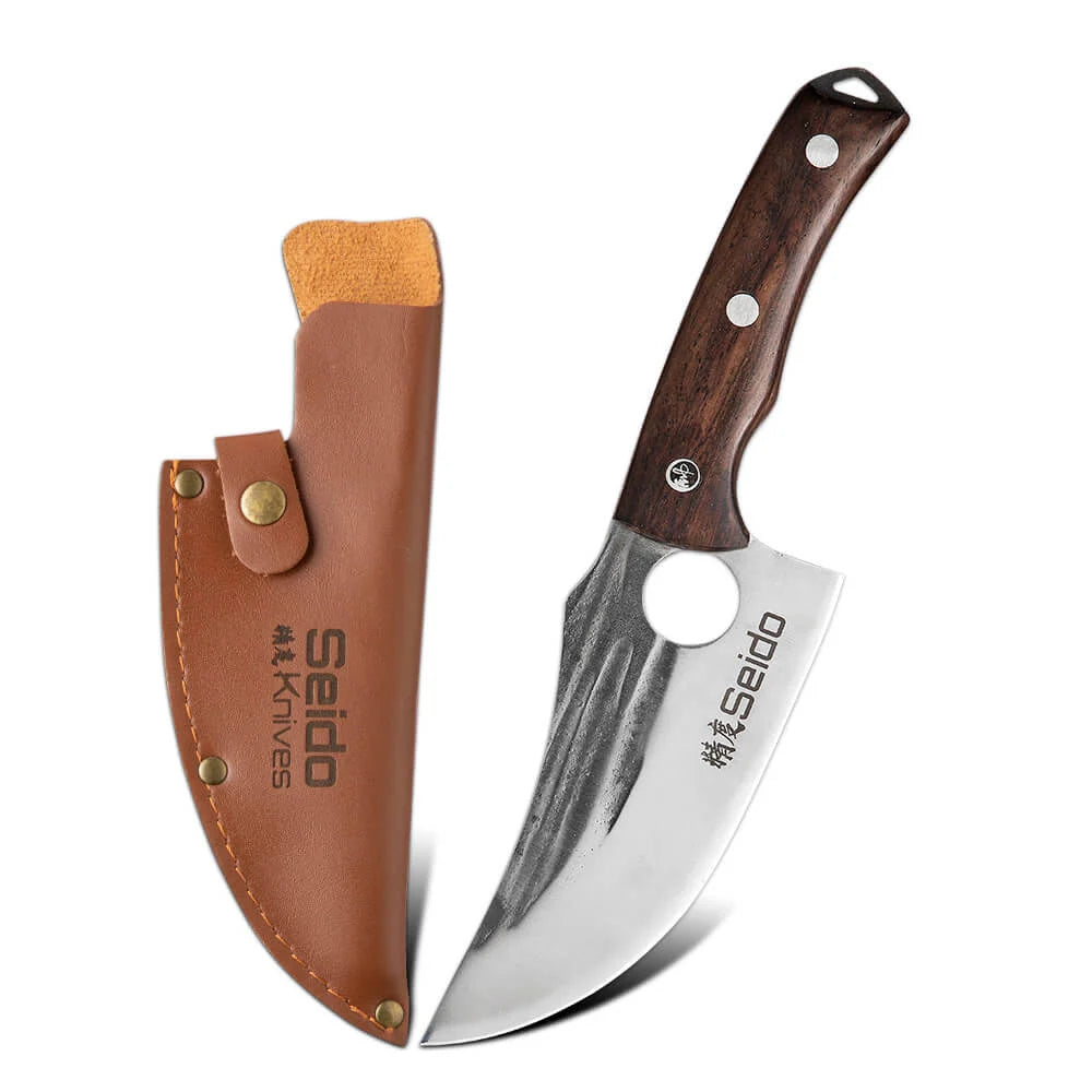 Butcher Knife Set for Kitchen Meat and BBQ Prep with Cleaver, Boning and Slicing Knives, Leather Sheaths