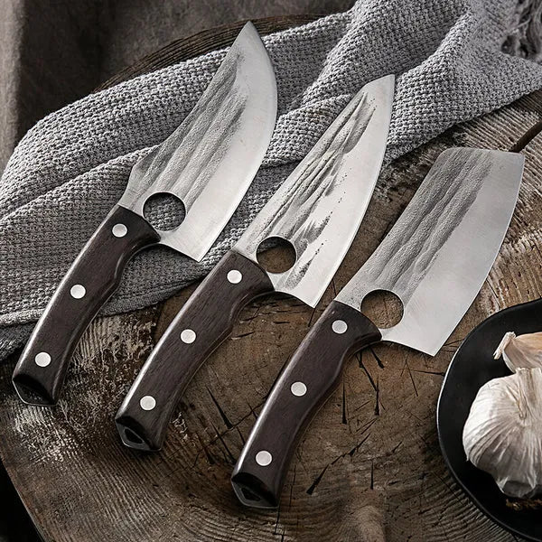 Butcher Knife Set for Kitchen Meat and BBQ Prep with Cleaver, Boning and Slicing Knives, Leather Sheaths