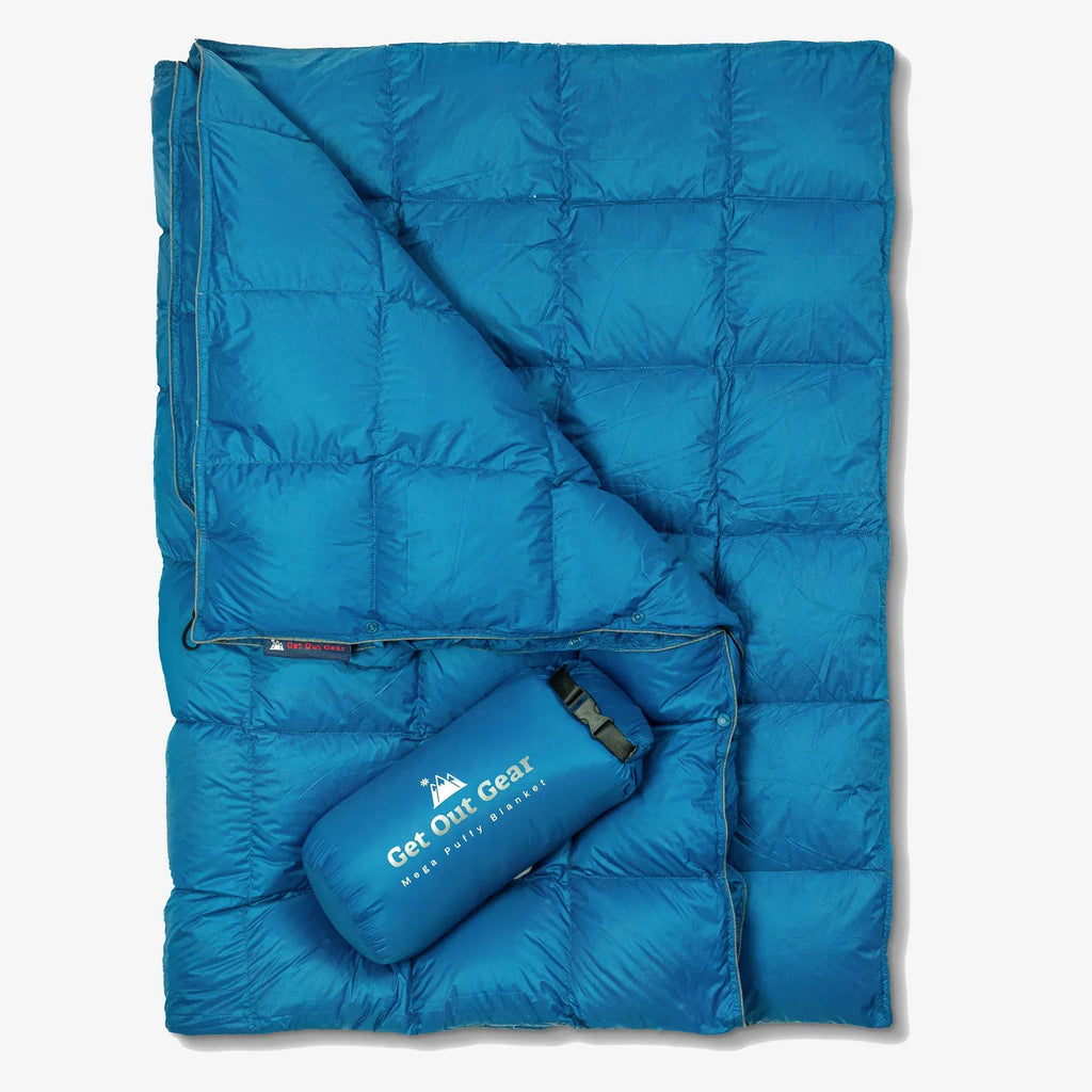 Camping Blanket with 650 Fill Power Down, 35°F Warmth, Poncho Snaps and Compact Stuff Sack — Teal