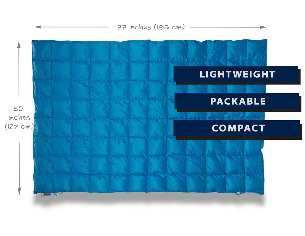 Camping Blanket with 650 Fill Power Down, 35°F Warmth, Poncho Snaps and Compact Stuff Sack