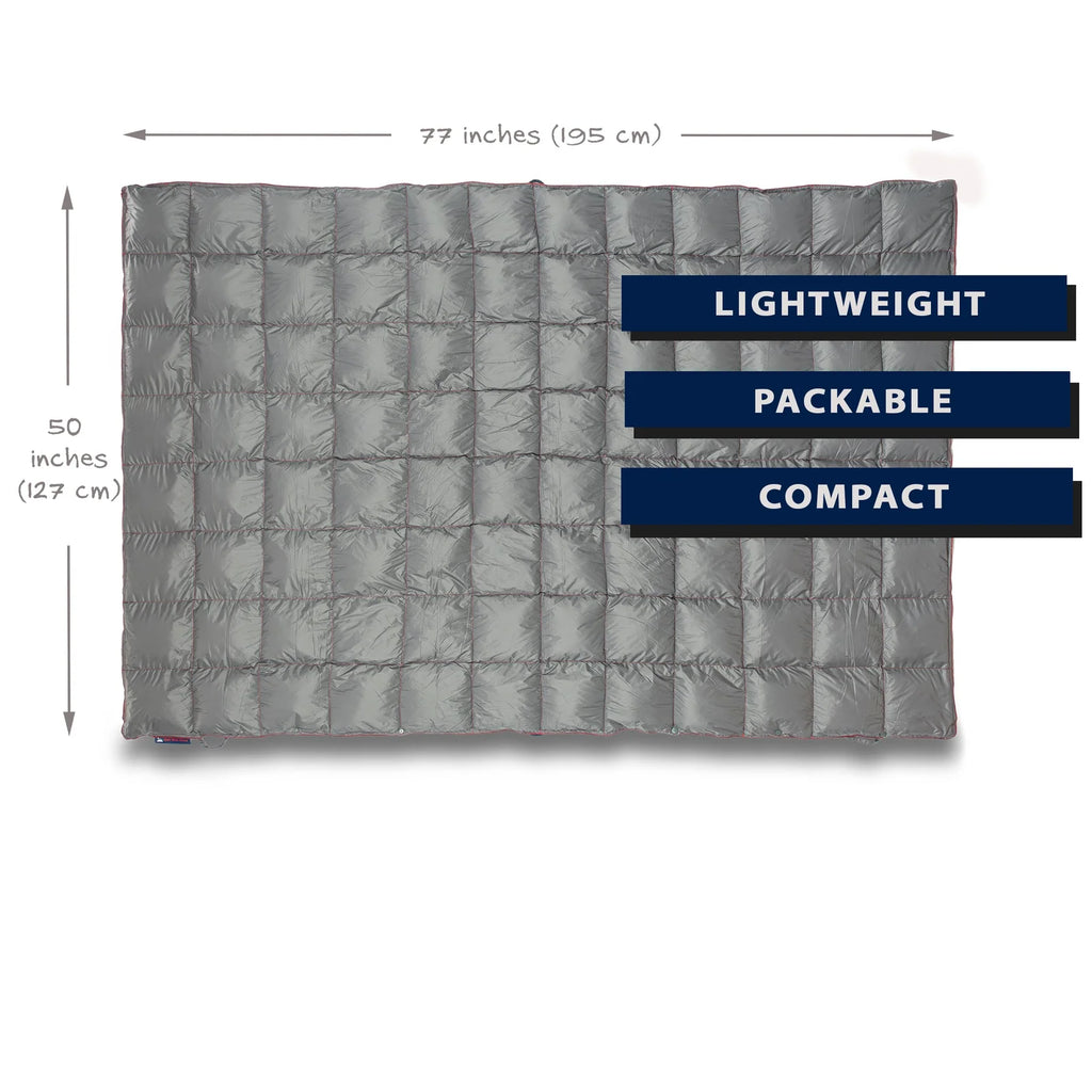 Camping Blanket with 650 Fill Power Down, 35°F Warmth, Poncho Snaps and Compact Stuff Sack