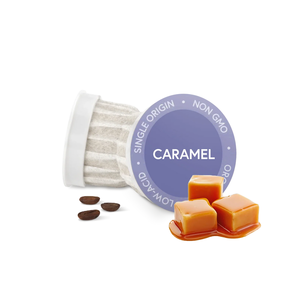 Caramel Coffee Pods for K-Machine Brewers, Medium Roast Peru Coffee, 24 Single-Serve Pods · Caramel flavor