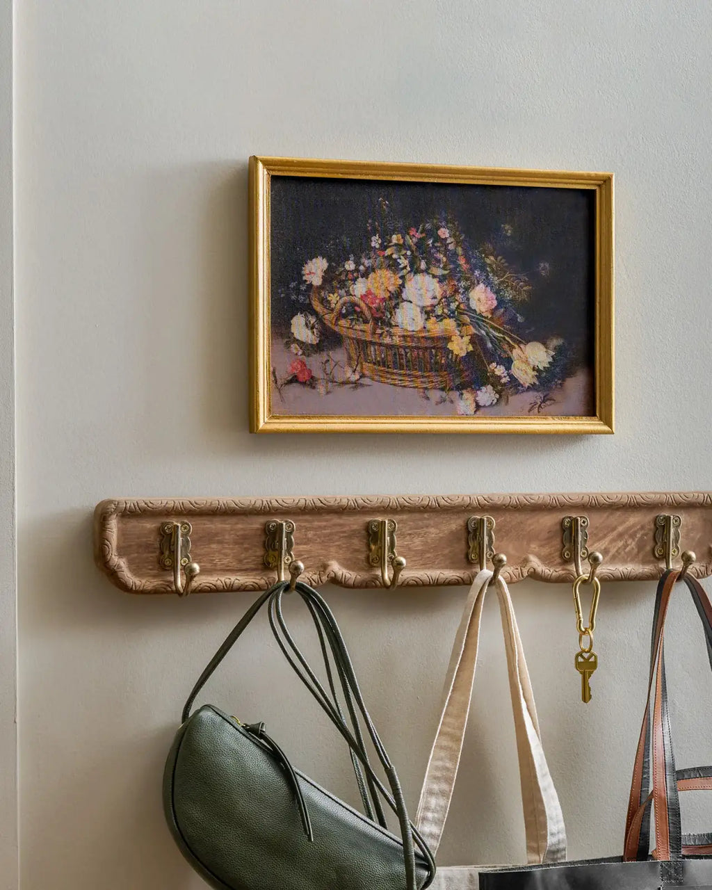 Carved Wood and Brass Hook Rack for Entryway Wall Organization of Coats, Hats, and Bags · Carved wood details