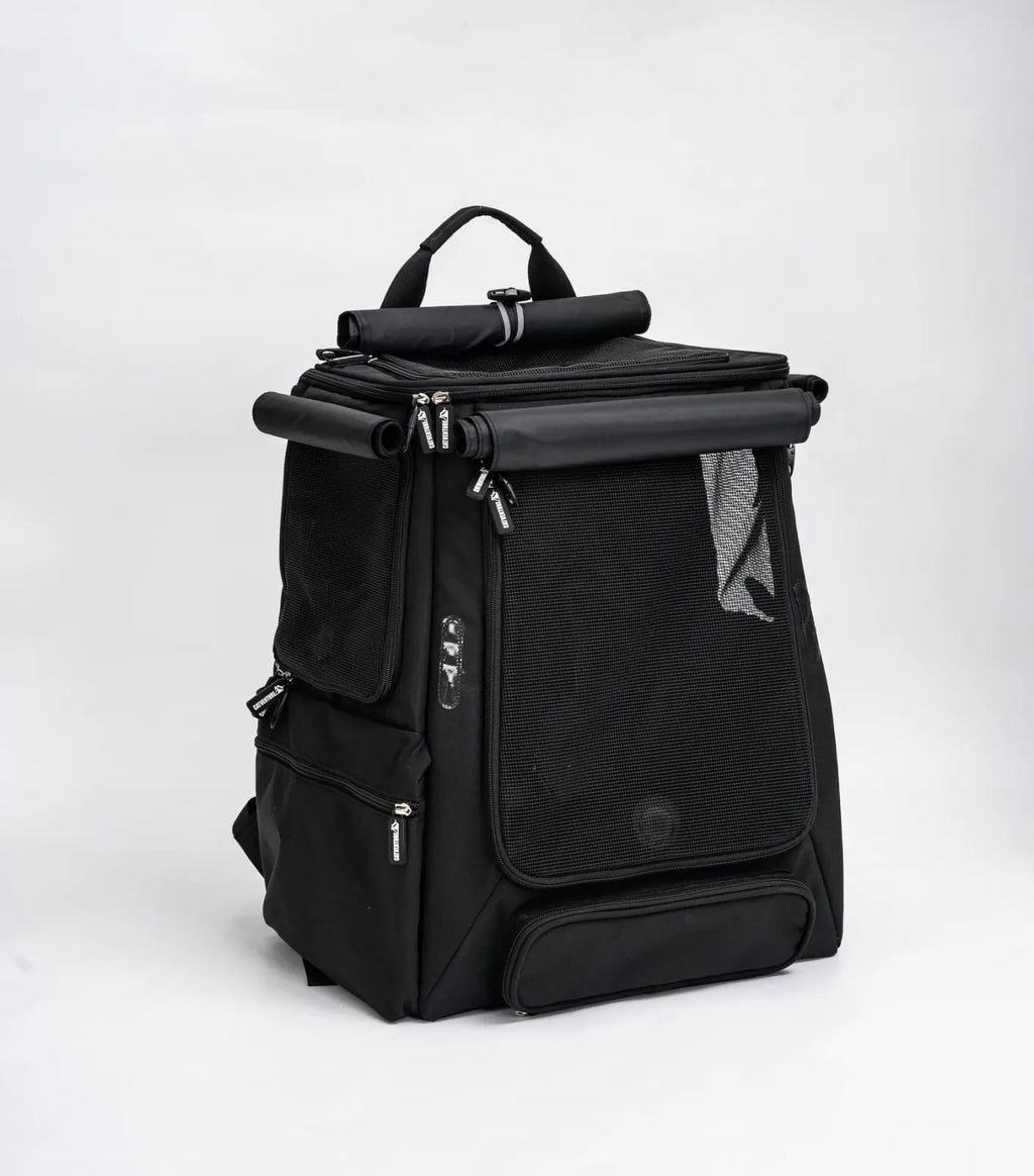 Cat Carrier Backpack with Technical Performance Materials and a Design Centered on Feline Curiosity