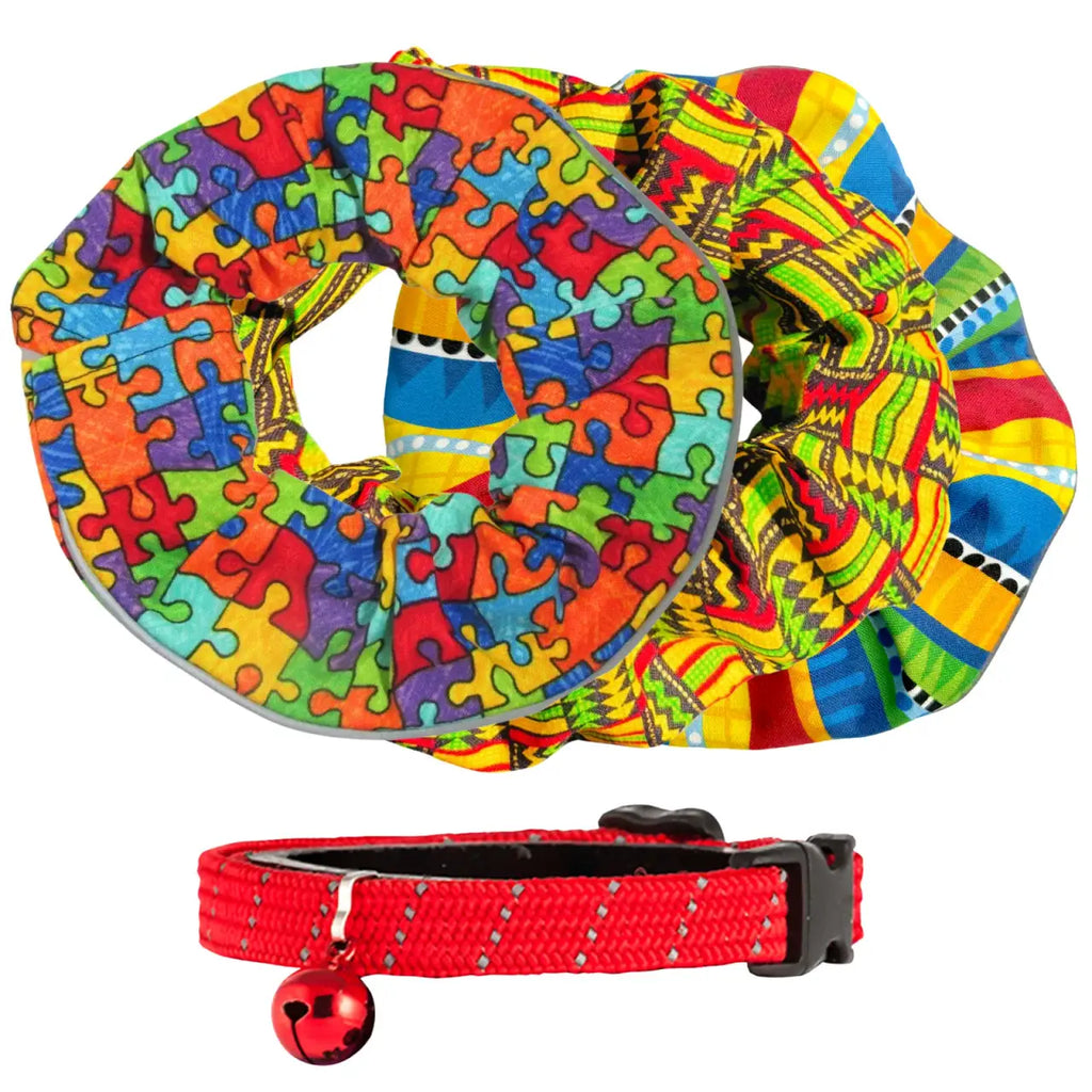 Cat Collar Cover Set of Three Cotton Prints with an Adjustable Breakaway Collar and Reflective Trim