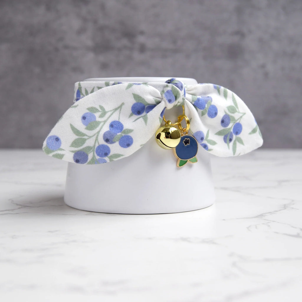 Cat Collar with Bells, Soft Cotton Blueberry Print Breakaway Collar, Bunny Ear Bow and Detachable Charm