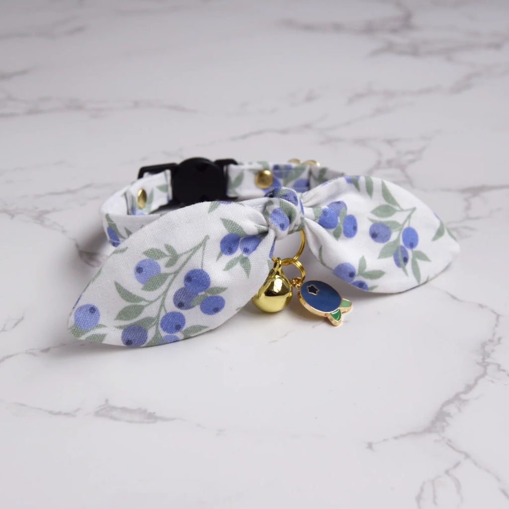 Cat Collar with Bells, Soft Cotton Blueberry Print Breakaway Collar, Bunny Ear Bow and Detachable Charm