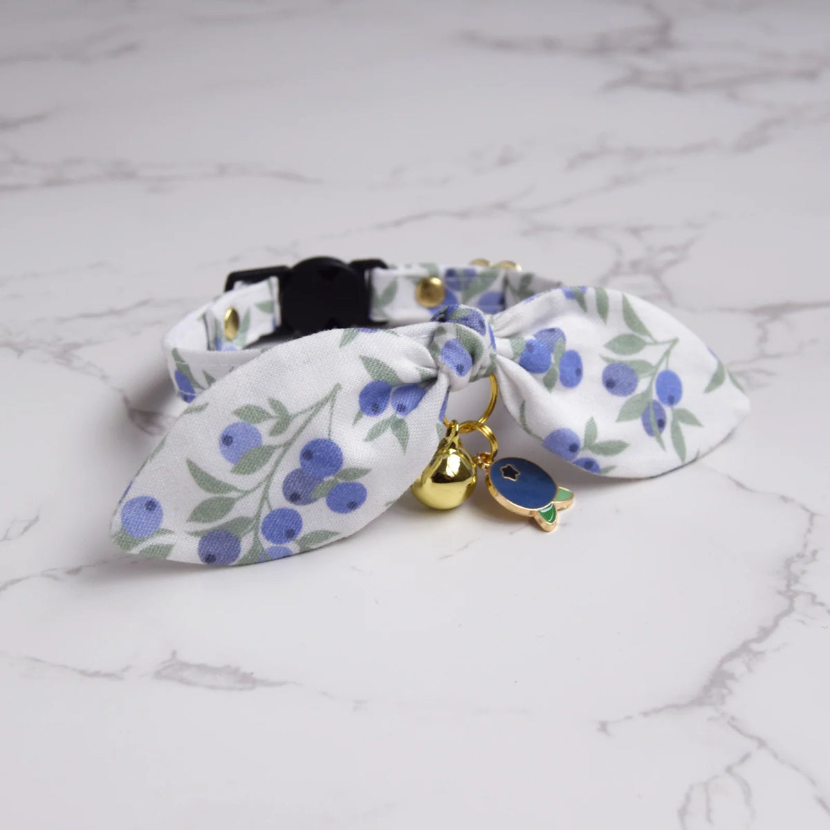 Cat Collar with Bells, Soft Cotton Blueberry Print Breakaway Collar, Bunny Ear Bow and Detachable Charm