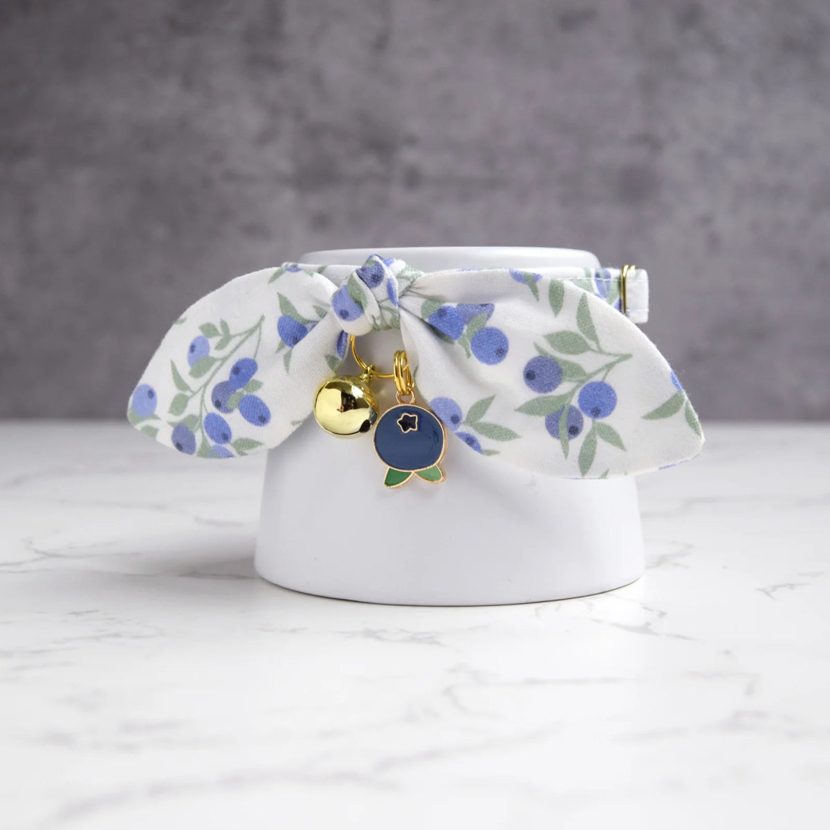 Cat Collar with Bells, Soft Cotton Blueberry Print Breakaway Collar, Bunny Ear Bow and Detachable Charm